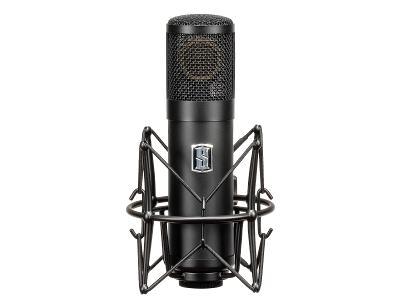 The Slate Digital ML-1 modeling microphone in a shock mount set against a transparent background.