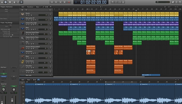 Apple GarageBand audio editing interface with multiple layered tracks on a timeline.