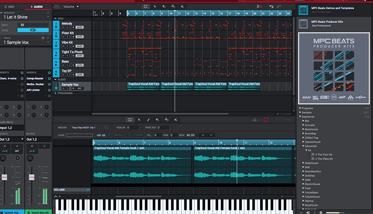 Akai MPC Beats interface displaying drum pads, tracks, and editing tools